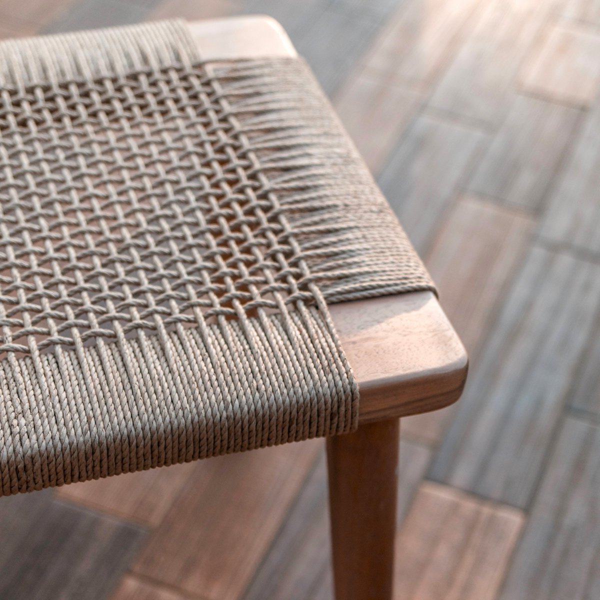 Large Wooden Stool SUNDA made of Trembesi with a Seating Surface from Woven Recycled Paper