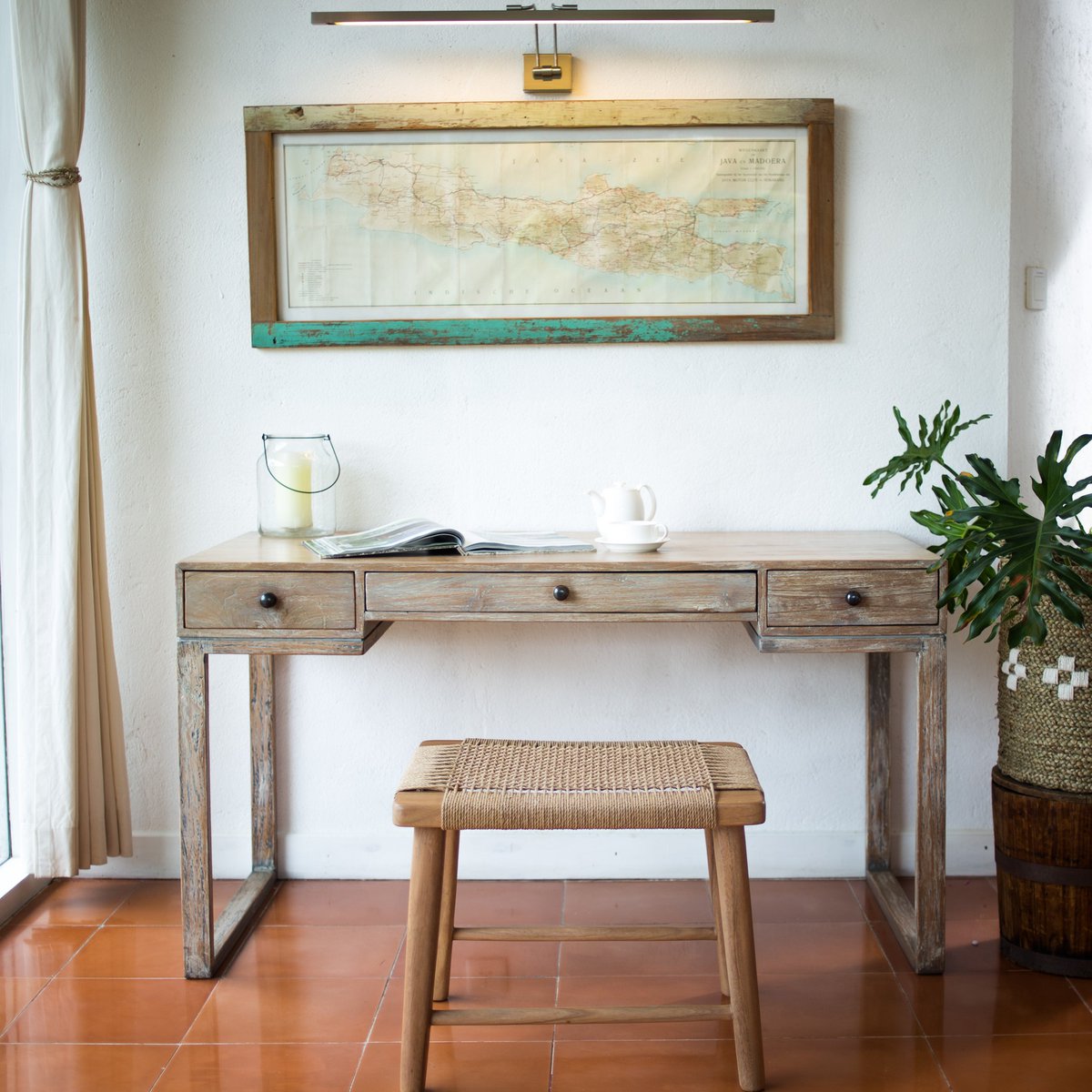 Large Wooden Stool SUNDA made of Trembesi with a Seating Surface from Woven Recycled Paper