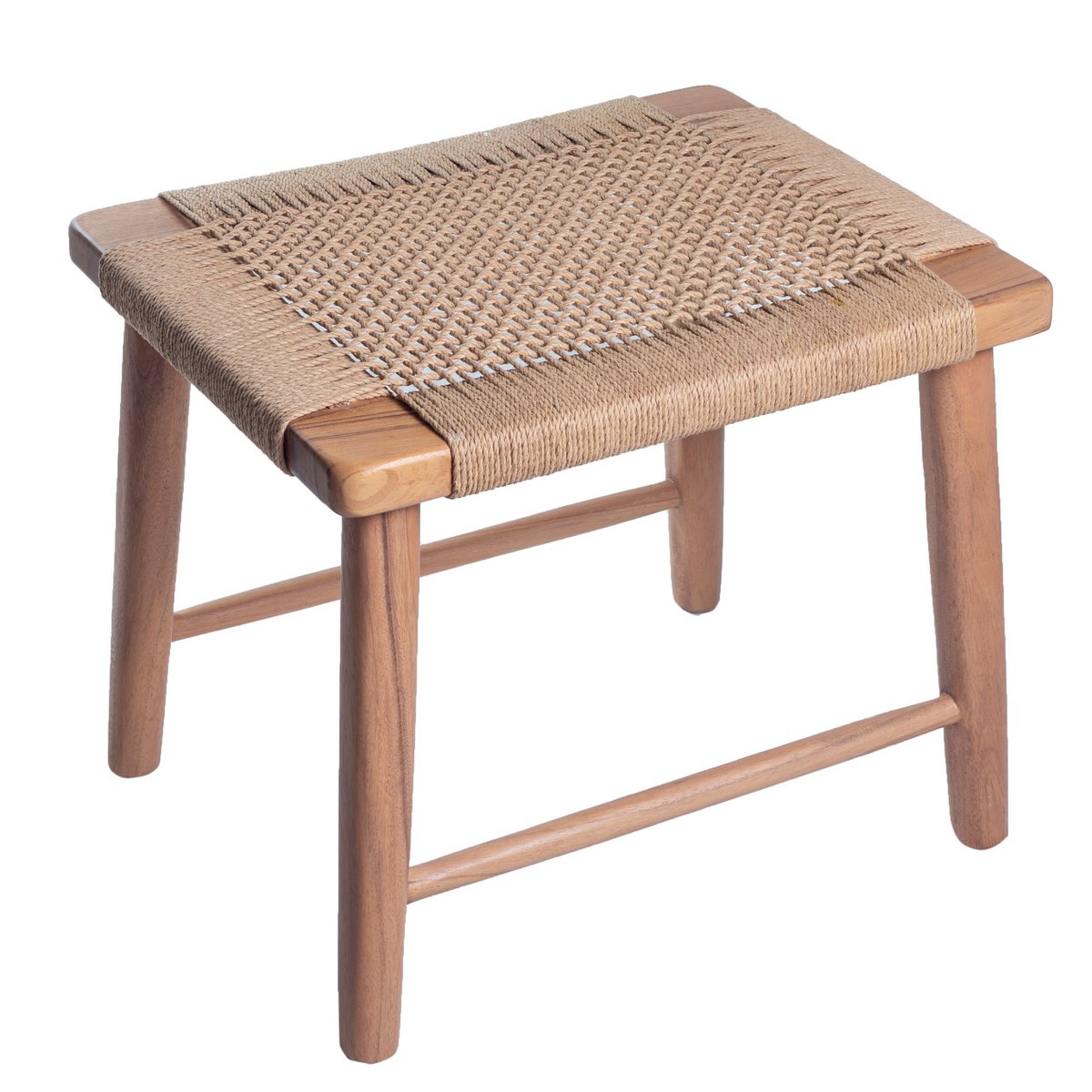 Large Wooden Stool SUNDA made of Trembesi with a Seating Surface from Woven Recycled Paper