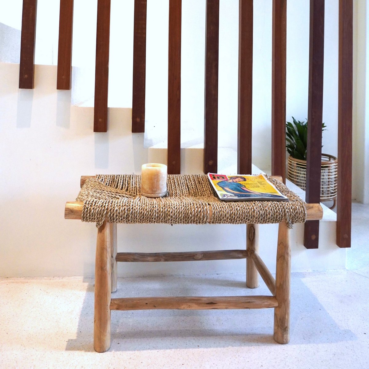 Bench SUNGAI made from Massive Wood with Seating Surface from Woven Seagrass