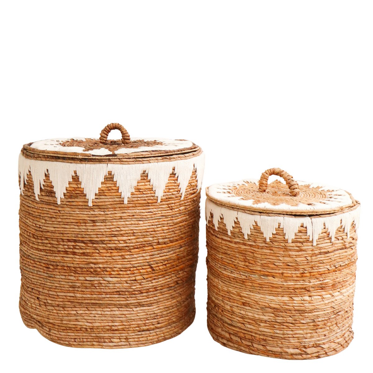 Laundry Basket with Lid Handwoven from Banana Fibre EMPAT Large Decorative Hamper Basket with white Cotton Macrame (2 sizes)