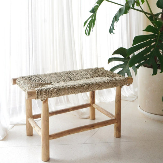 Bench SUNGAI made from Massive Wood with Seating Surface from Woven Seagrass