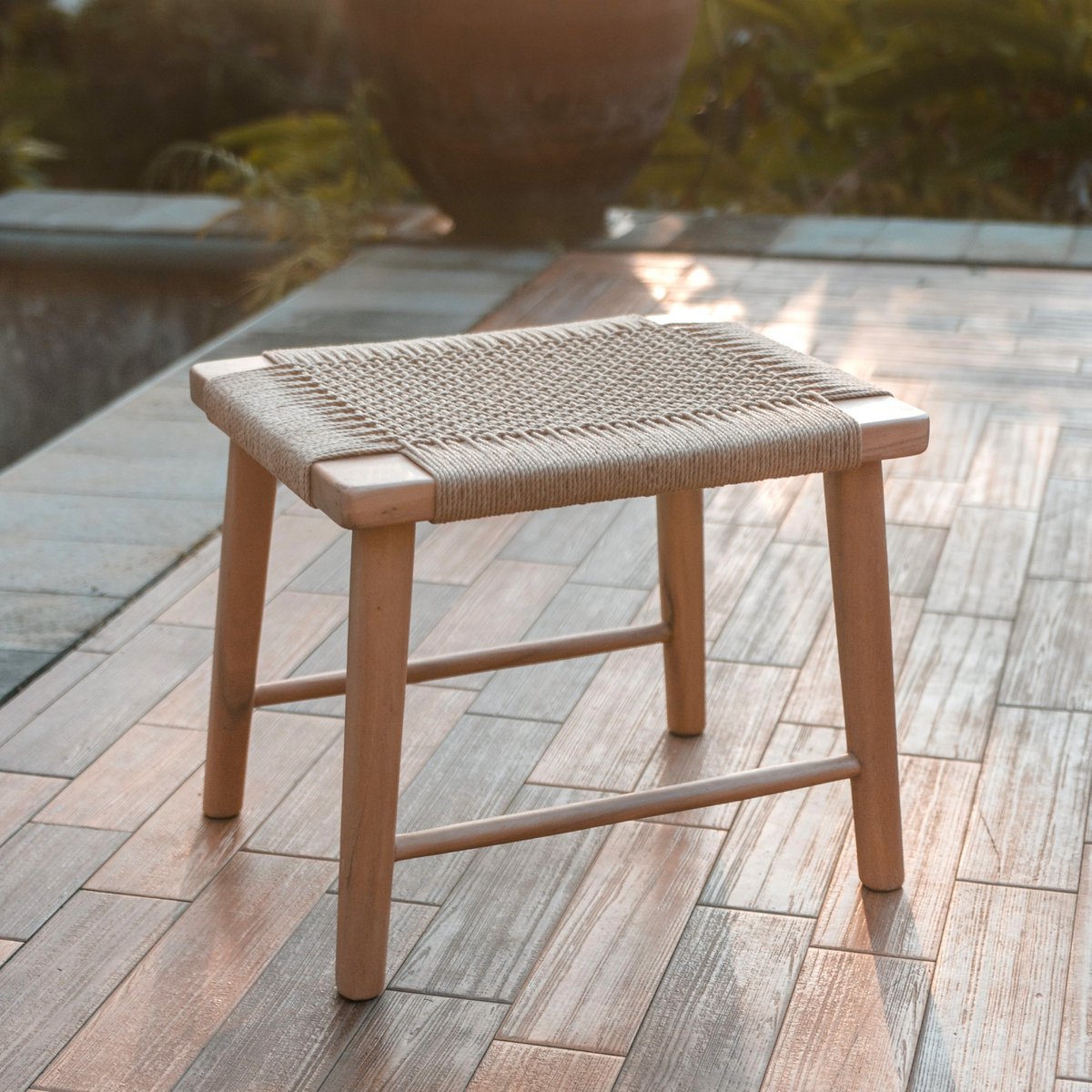 Large Wooden Stool SUNDA made of Trembesi with a Seating Surface from Woven Recycled Paper