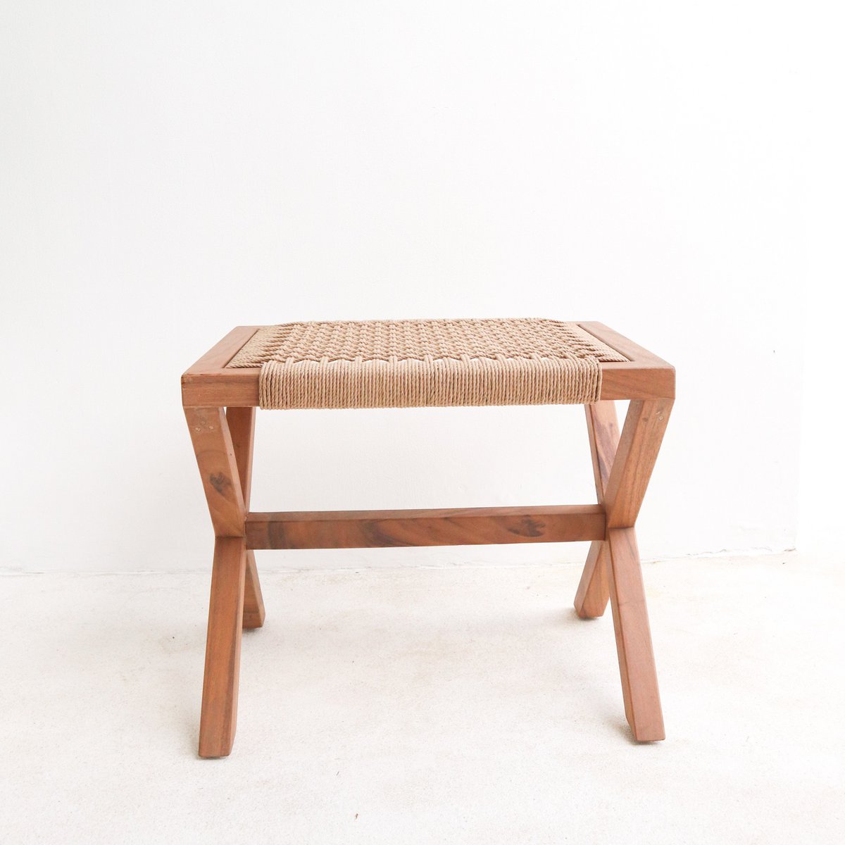 Large Wooden Stool INDRA (beige) made of Trembesi with a Seating Surface from Woven Recycled Paper